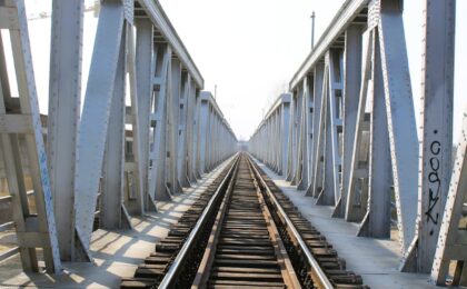 symmetrical perspective of steel railway bridge